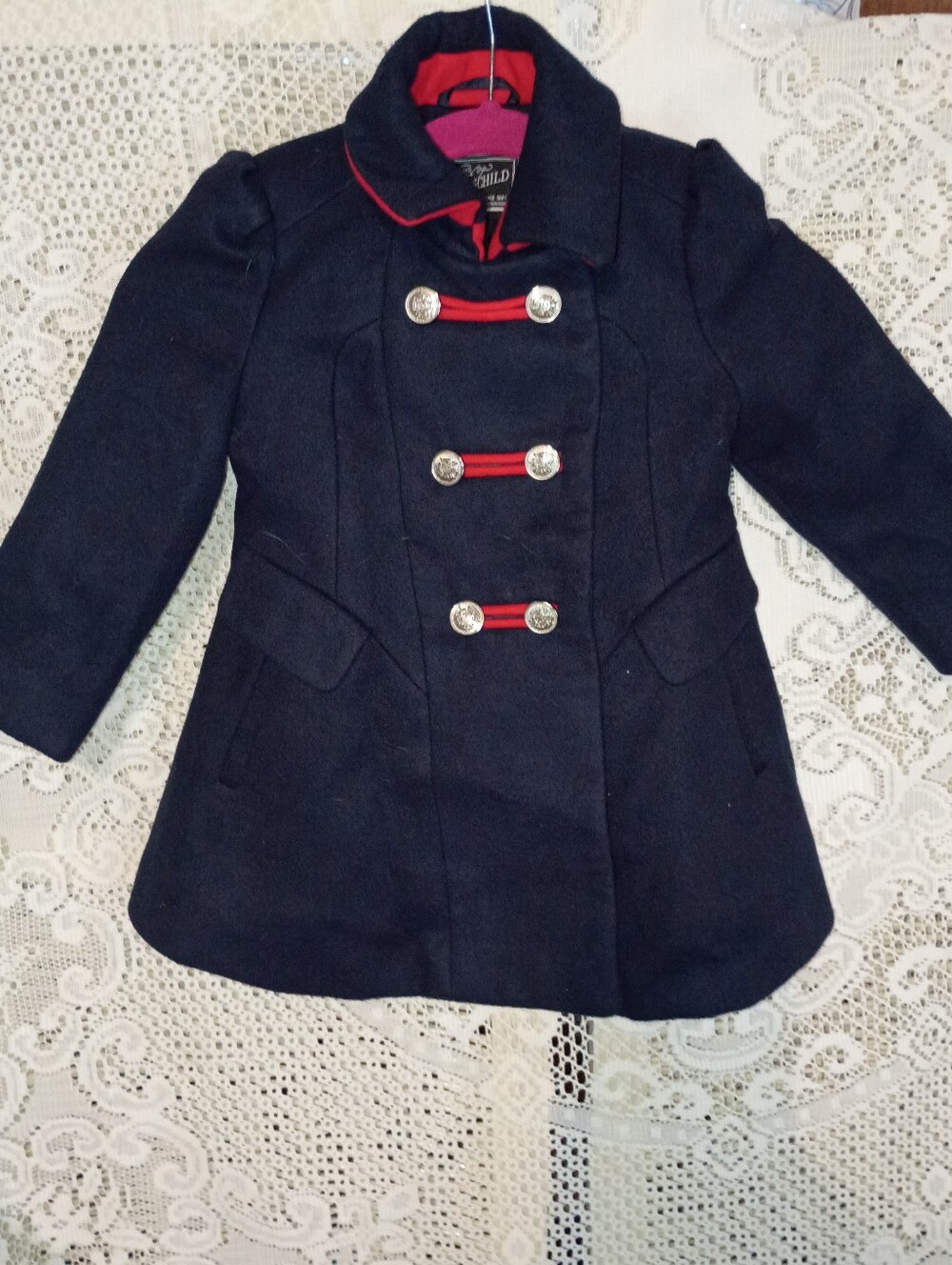 Rothschild Navy Pea Coat with Red Trim Accents